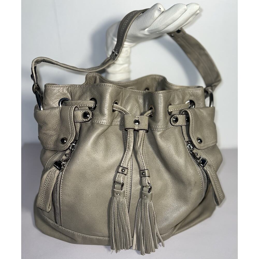 B. Makowsky Gray Leather Drawstring & Zipper Pockets Shoulder & Bag Dust Bag
